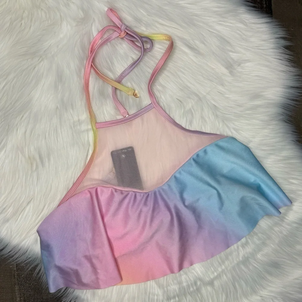NWT Wildfox Pastel Rainbow Halter Bikini Top size Large
